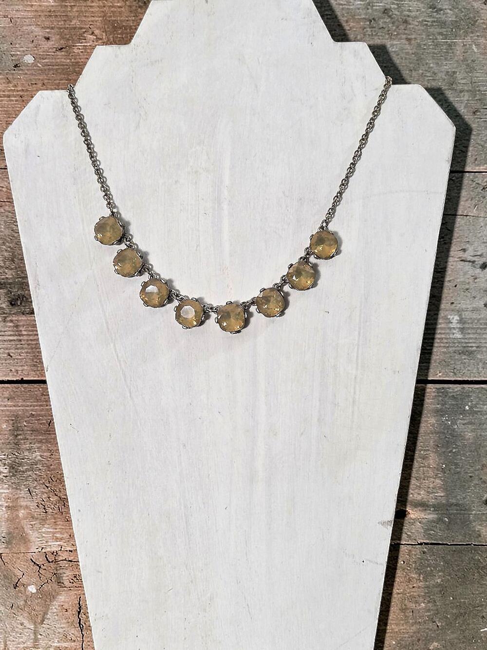 Citrine Green Antique Gold Metal Rhinestone Necklace 19"